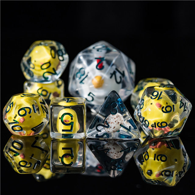 Chicken Family 7-Dice Set w/Green Numbers Dnd Dice Set + 30mm d20
