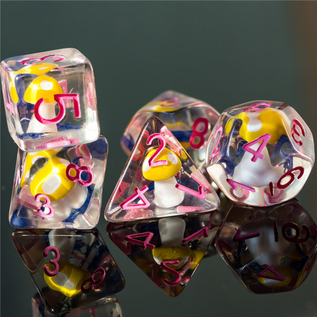Yellow Mushroom Dice Clear Blue Flower w/Pink Numbers 7-Dice Set Rpg
