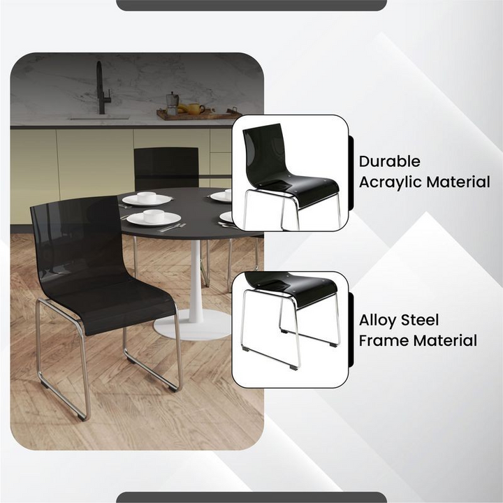 Black chairs with alloy steel frame material on a dining table in a kitchen setting.