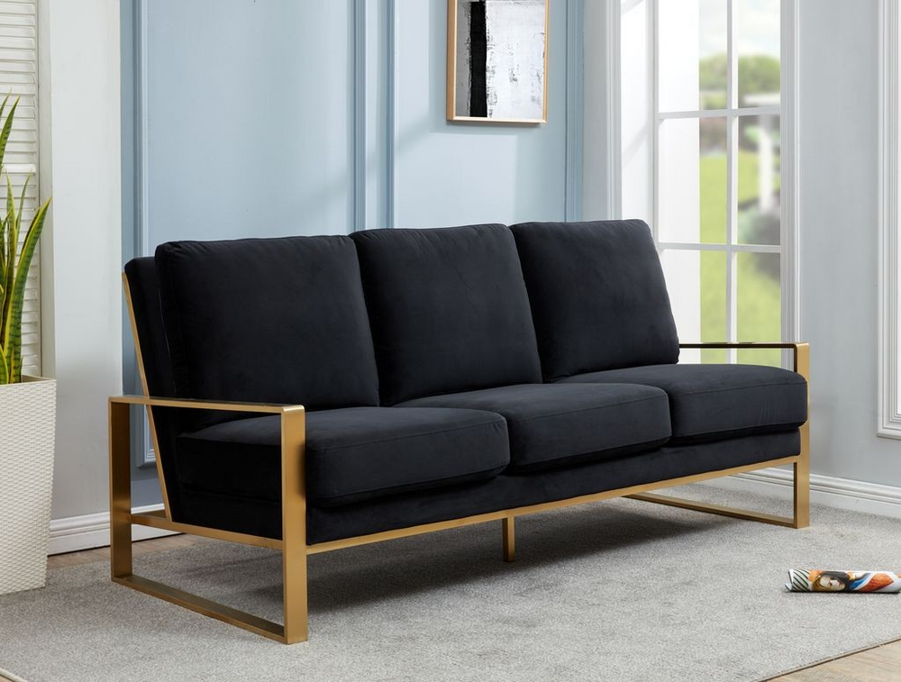 LeisureMod Jefferson Contemporary Modern Design Velvet Sofa with Gold Frame Black with Background.