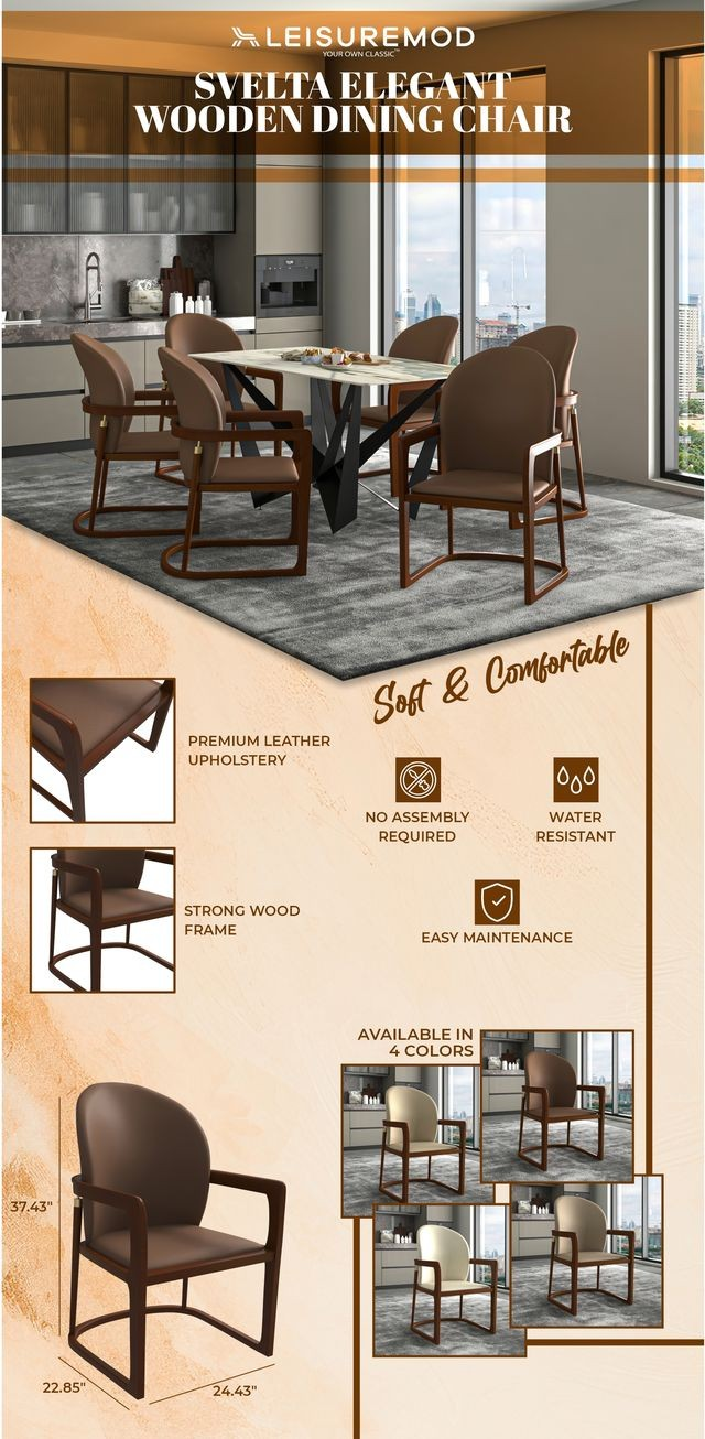 LeisureMod Svelte Elegant wooden dining chair with features and specifications.