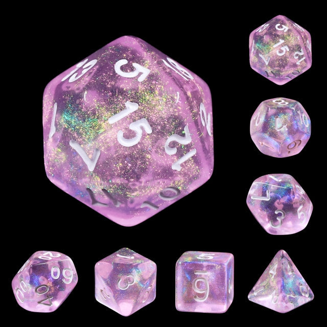 Candy Luxury (formerly Barbie Pink) Glitter with White Numbering 7-Dice Set RPG