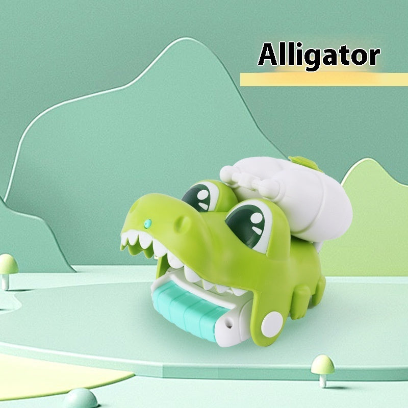 Toy alligator with a green background.