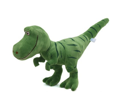 Green dinosaur plush toy on a white background.