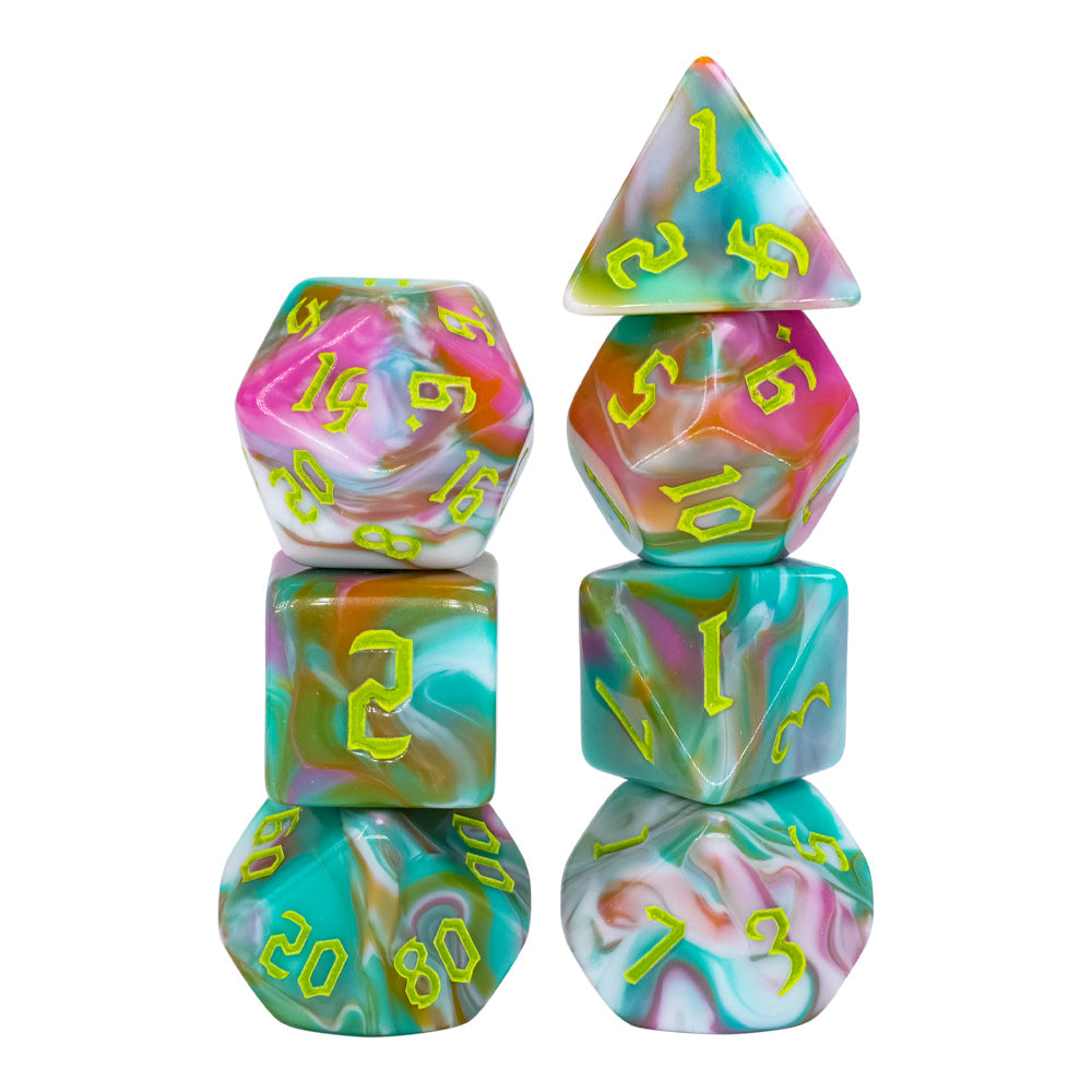 Teal Sky 7-Dice Set Pastel Green Pink w/Green Numbers Dnd Dice Set