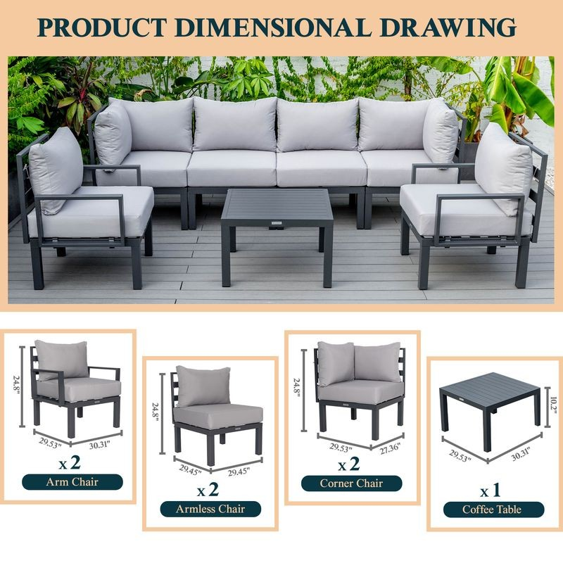 LeisureMod Chelsea 7-Piece Patio Sectional and Coffee Table Set Black Aluminum with Cushions Light Grey Description.