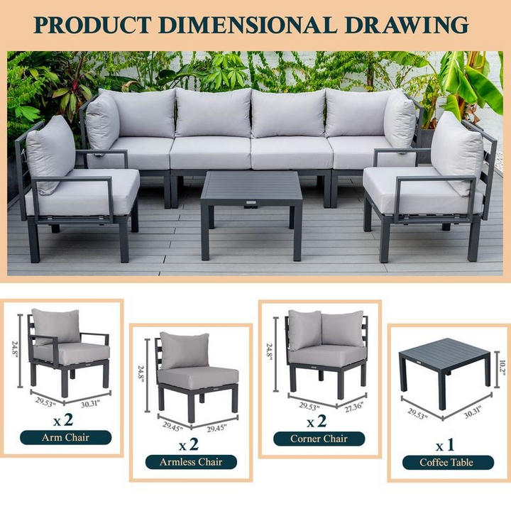 LeisureMod Chelsea 7-Piece Patio Sectional and Coffee Table Set Black Aluminum with Cushions Light Grey Description.