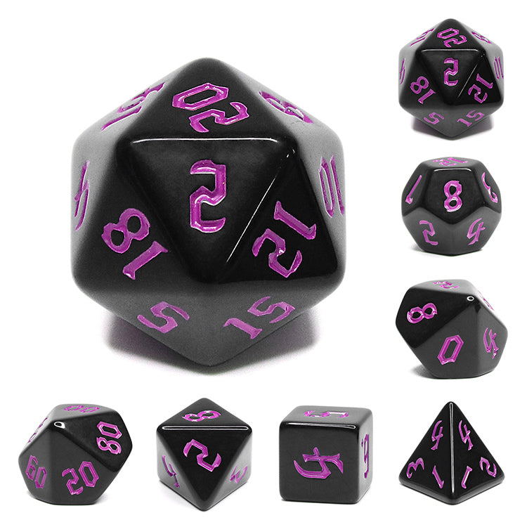 Economy Black Dice (Purple font) 7-Dice Set RPG DND