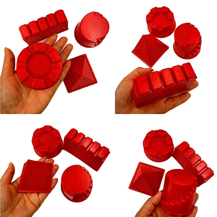 Red mold set held by hands on a white background.