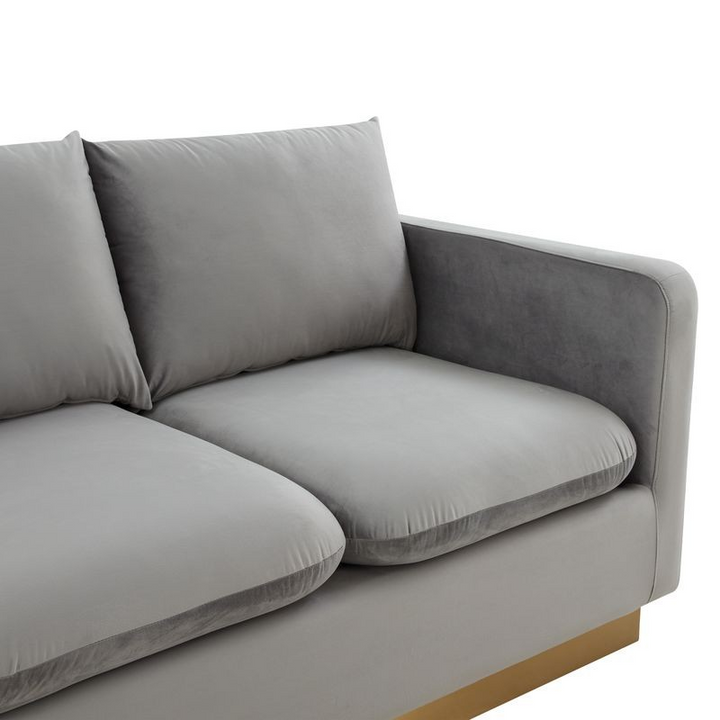 LeisureMod Nervo Modern Mid-Century Upholstered Velvet Sofa with Gold Frame Light Grey Closeup.