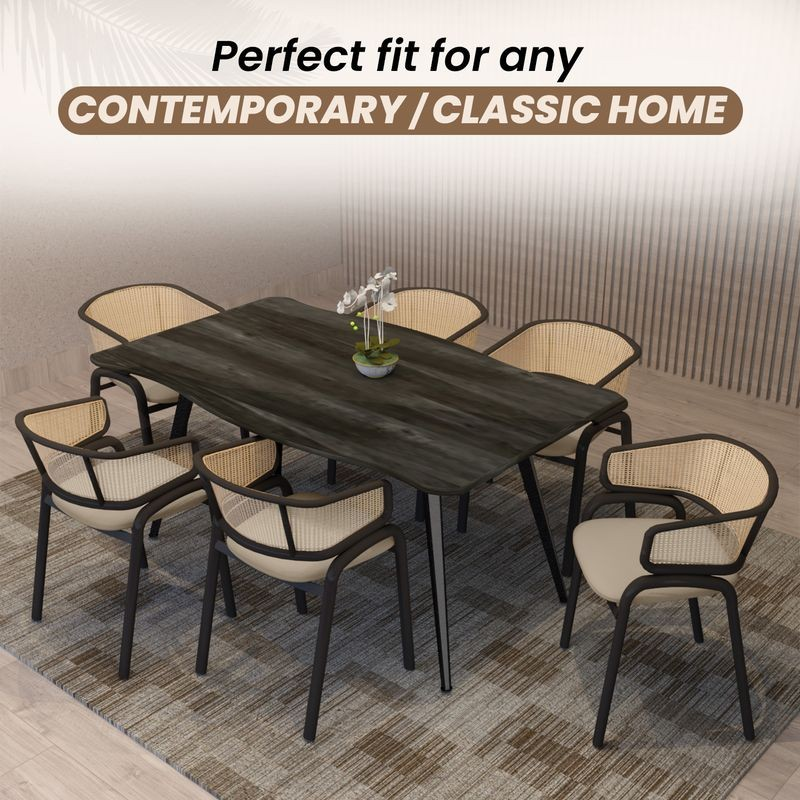 Dining set with a dark wooden table and six chairs in a room with a neutral color scheme.
