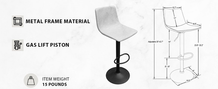 LeisureMod Tilbury Modern Adjustable Bar Stool with Footrest and 360-Degree Swivel in Light Grey Dimensions.