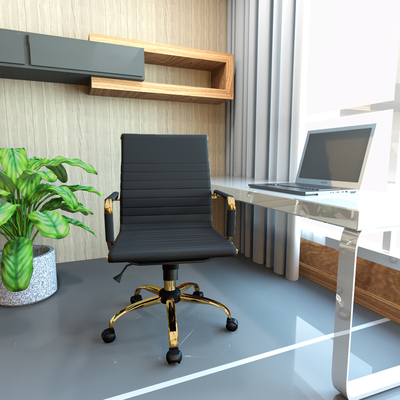LeisureMod Harris Office Chair with Gold Frame Black at Desk.