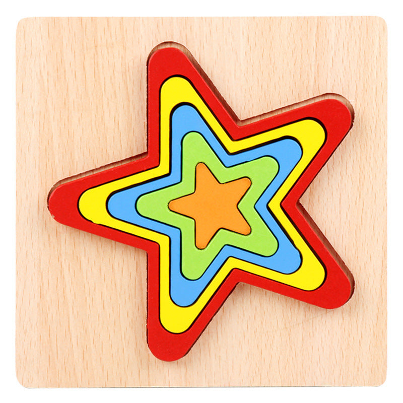 Colorful star-shaped wooden puzzle on a light wood background.