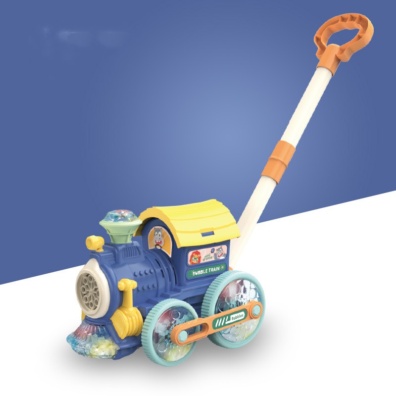 Toy train with a handle on a blue and white background.