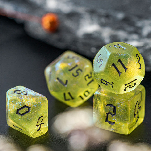 Yellow Glitter Party Glitter Dice (Silver font) 7-Dice Set RPG DND