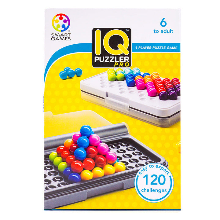 IQ Puzzler Pro game packaging with colorful beads and game board on a yellow background.