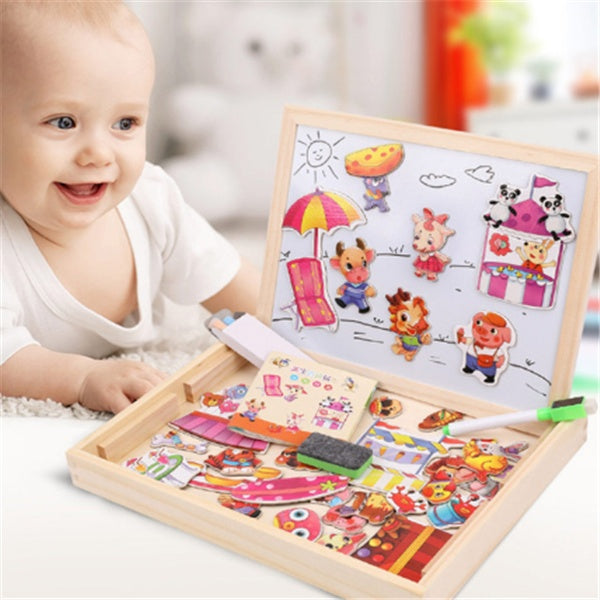 Child playing with a wooden magnetic drawing board with cartoon characters.