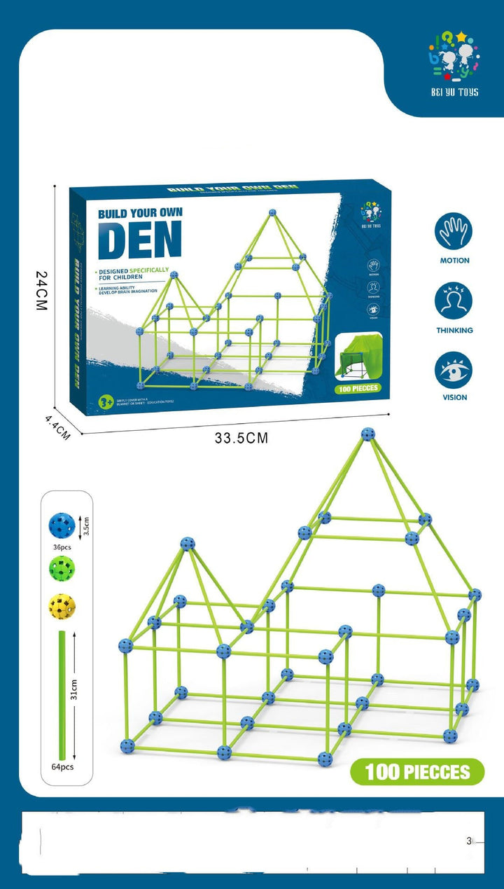 Children's building set packaging with den structure diagram and product details.