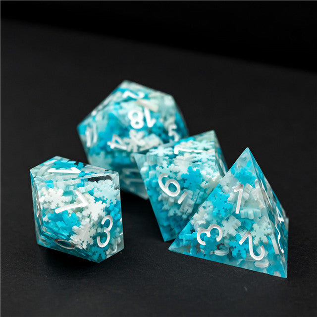 Snowflake Sharp Edge DND Dice Set | White & Blue w/White Numbers