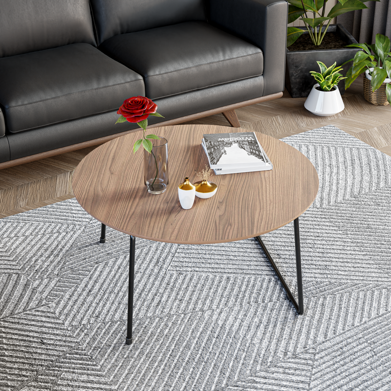 LeisureMod Pemborke Mid Century Modern Round Coffee Table with Wood Top and Powder Coated Iron Frame Accent Table Natural Wood Top View.