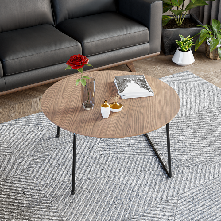 LeisureMod Pemborke Mid Century Modern Round Coffee Table with Wood Top and Powder Coated Iron Frame Accent Table Natural Wood Top View.