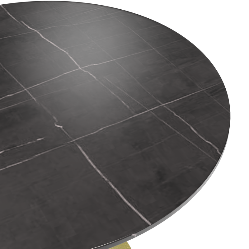 LeisureMod Verve Collection 36 Round Dining Table, Brushed Gold Base with Sintered Stone Black Top View.