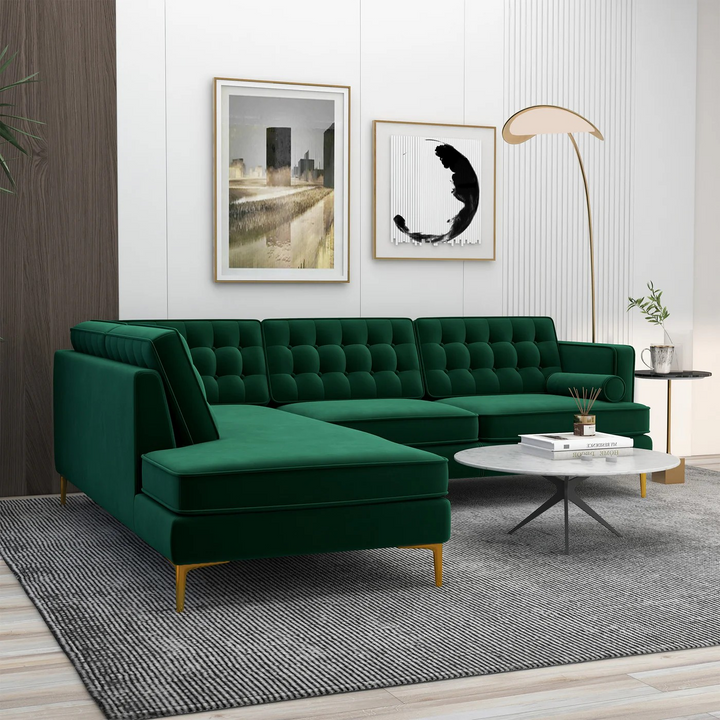 Brooke Green Sectional Sofa Left Facing in Living Room.