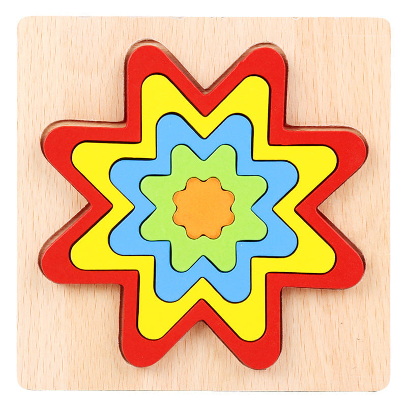 Colorful star-shaped wooden puzzle on a light wood base.