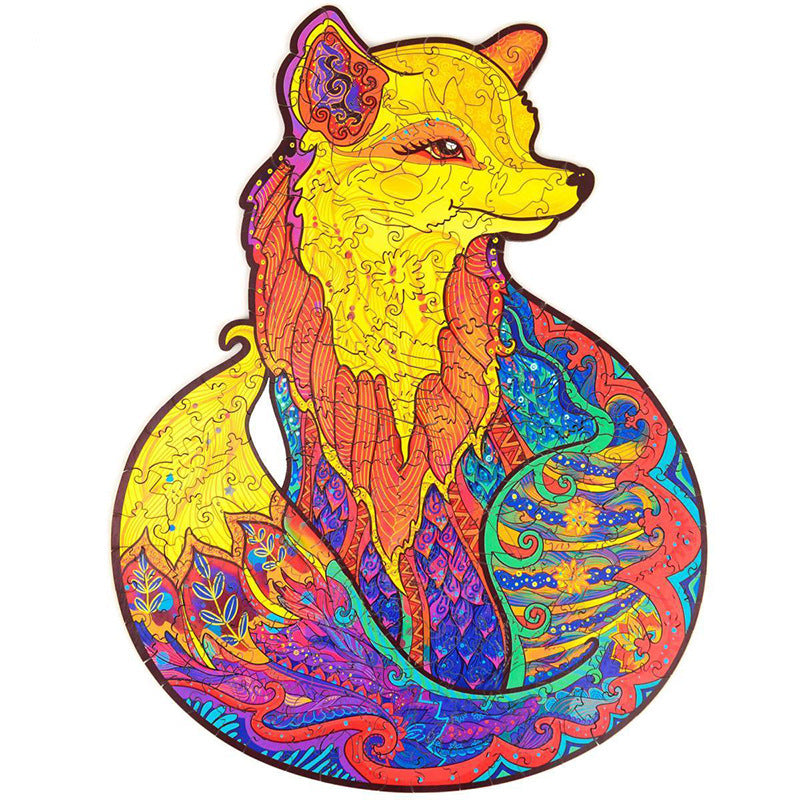 Colorful psychedelic-style fox illustration on a white background.
