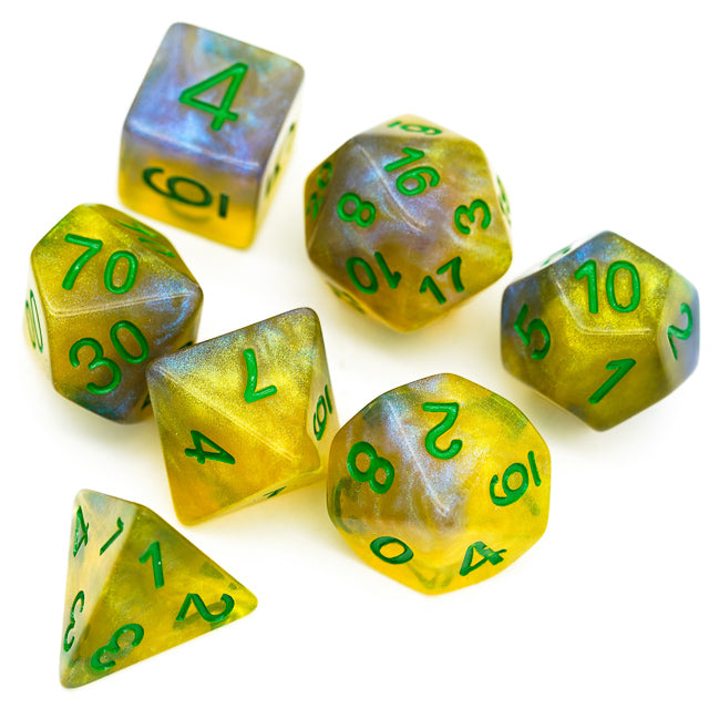 Blue & Yellow w/green Galaxy Glitter 7-Dice Set RPG