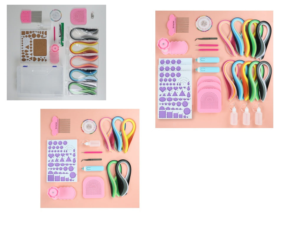 Set of craft supplies including scissors, glue sticks, and decorative items on a pink background.