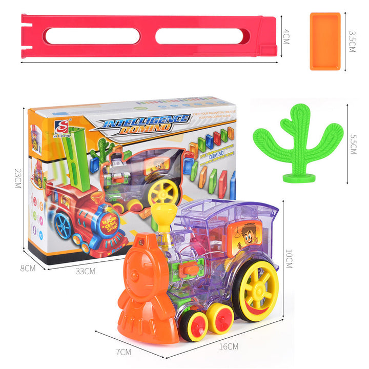Toy train set with packaging, dimensions, and additional accessories on a white background.