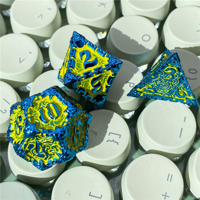 Blue and Yellow Metal Dice（Dagger of Venom）7-Dice Udixi RPG