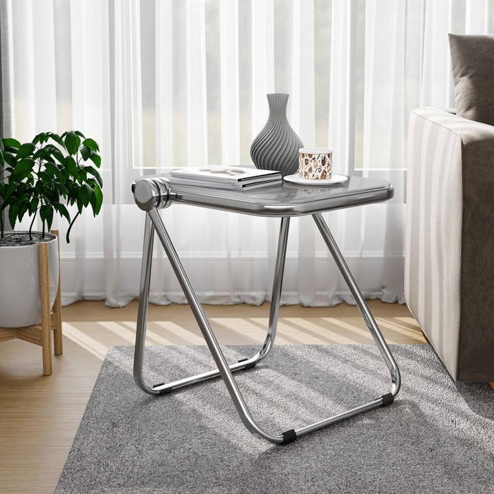 LeisureMod Lawrence Mid-Century Modern Rectangular Folding Side Table in Chrome Finish with Plastic Tabletop and Aluminum Frame Transparent Black
