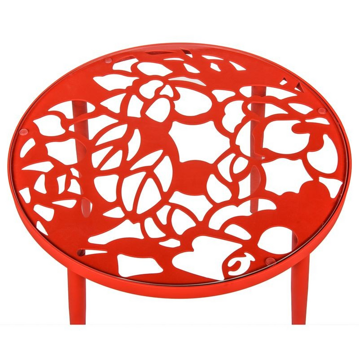 LeisureMod Devon Mid-Century Modern 3-Piece Aluminum Outdoor Patio Dining Set with Tempered Glass Top Table and 2 Stackable Flower Design Chairs Red Tabletop.