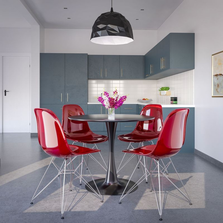 LeisureMod Cresco Molded Eiffel Side Chair Transparent Red at Table.