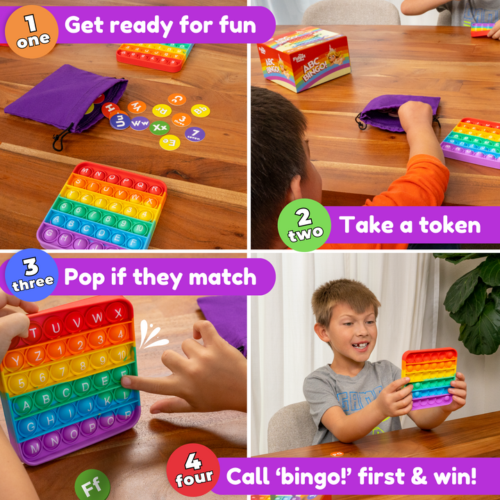 Children playing with a matching game using colorful pop-it toys on a table.