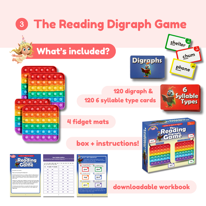 Educational game set for teaching reading digraphs with colorful fidget mats and cards.