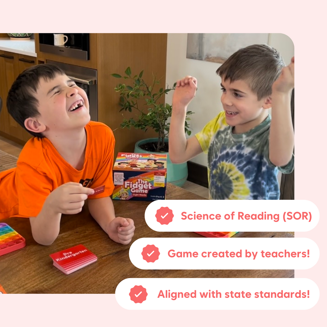Two children playing with educational materials on a table, with text indicating features of a reading game.