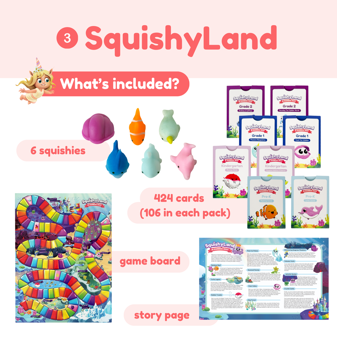 Squishy Land product set with squishes, cards, game board, and story page on a white background.