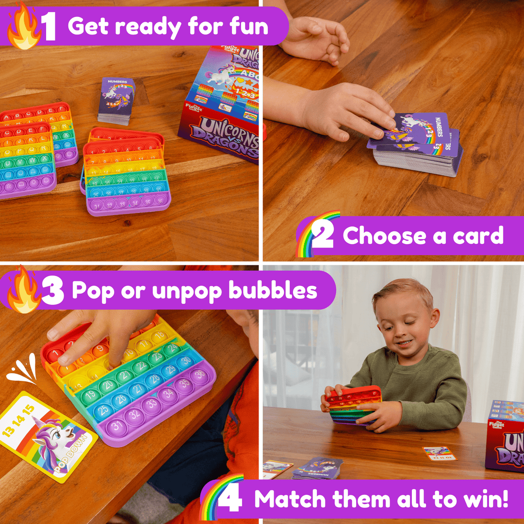 Children playing with a card game involving pop it fidget toys on a wooden table.