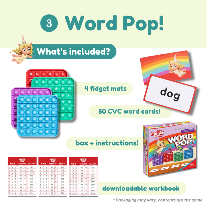 Product packaging of Word Pop! educational toy with fidget mats, CVC word cards and workbook.