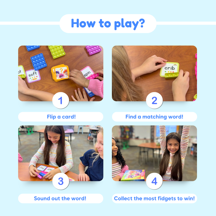 Instructions on how to play a word game with fidgets, showing steps and actions.