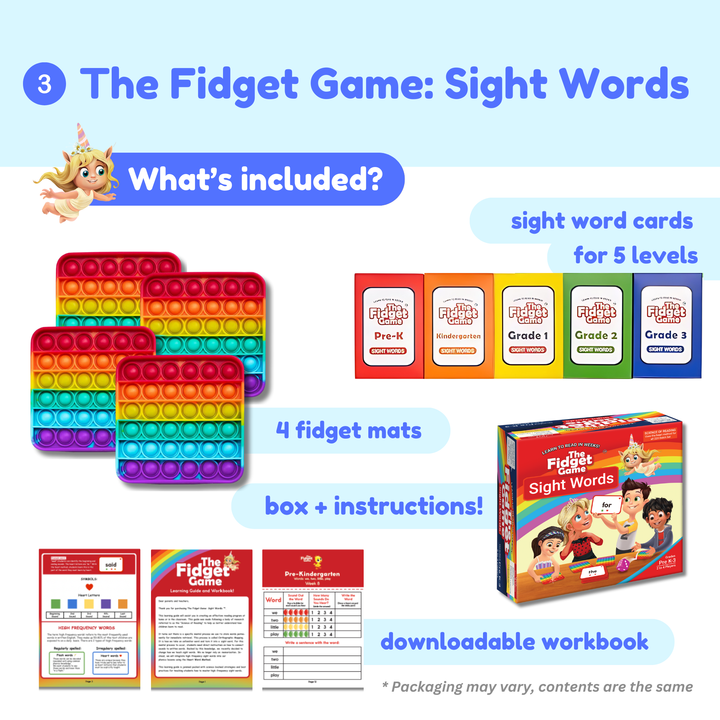 Fidget game set with sight word cards, fidget mats, and workbook on a light blue background.