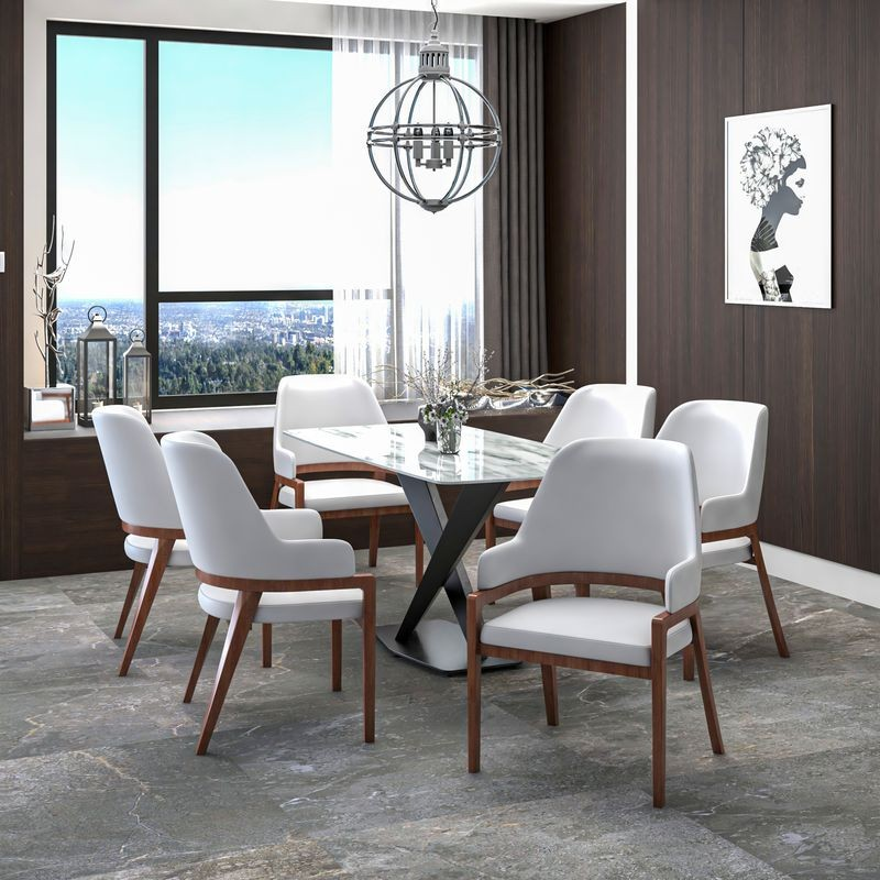 Leisuremod Ethora Collection Modern Wooden Dining Chair in White at Table.