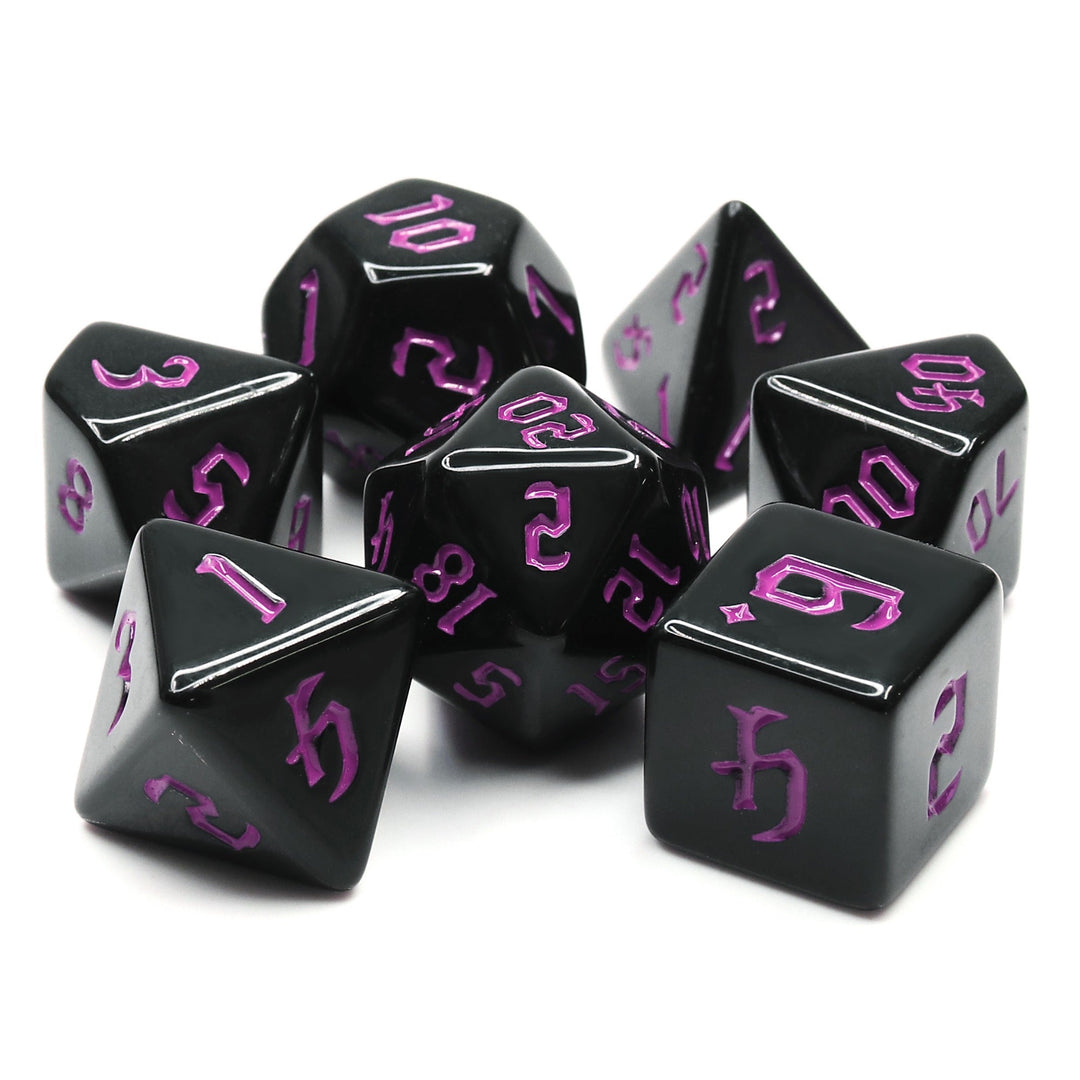 Economy Black Dice (Purple font) 7-Dice Set RPG DND