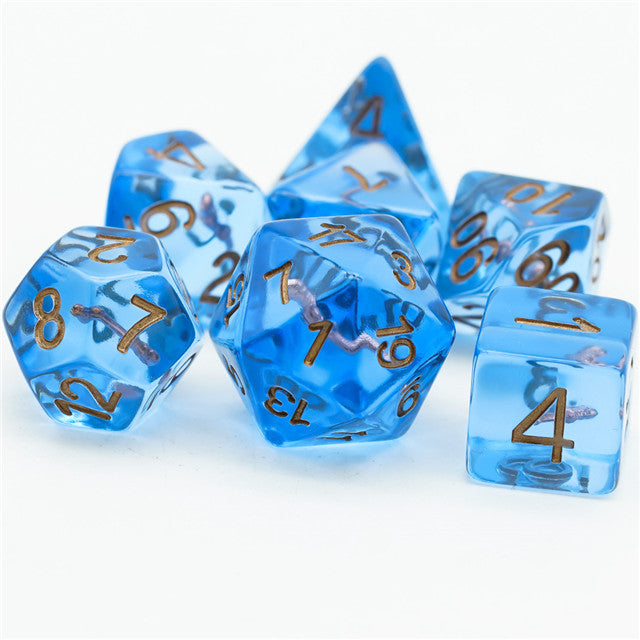 Wizard (Magic Wand) Clear Blue Dice w/ Golden Wand 7-Dice Set Rpg