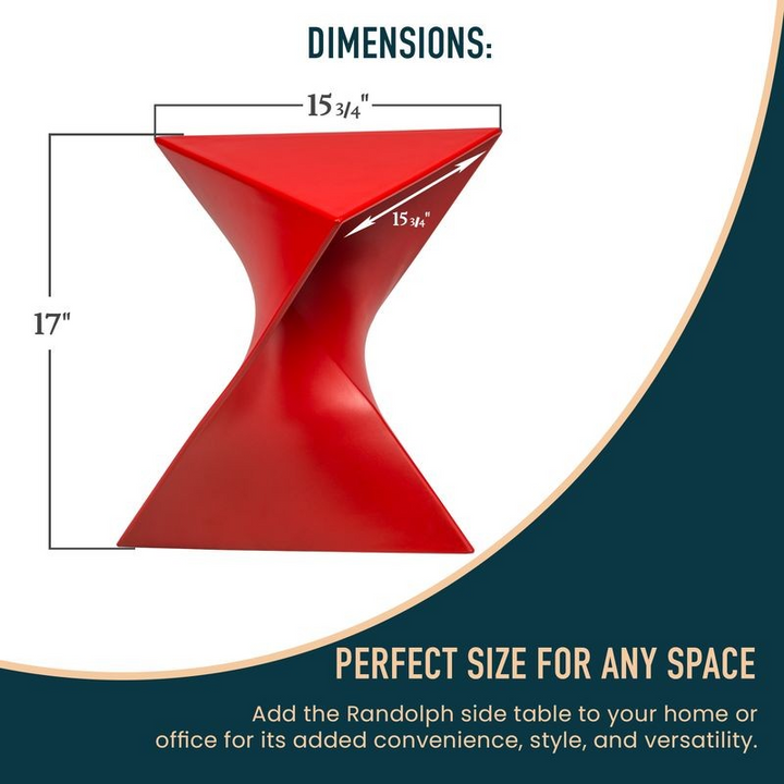 Red side table with dimensions labeled on a white and blue background.