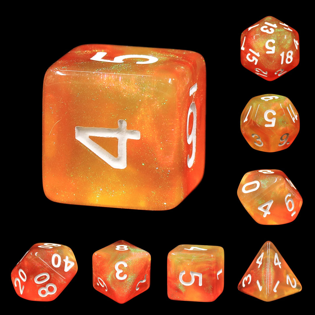 Walking the Sun Orange/Yellow Glitter 7-Dice Set by HendgaDice